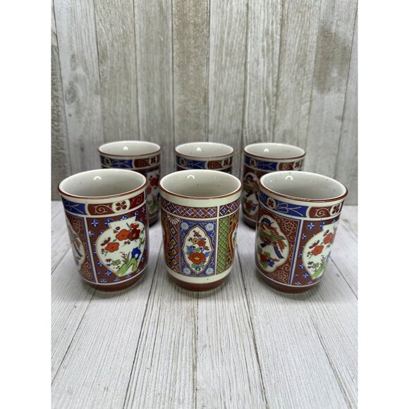 Vtg Japan Imari Coffee Tea Mugs Cups Speckled Stoneware Floral Peacock Set of 6 - Picture 1 of 10